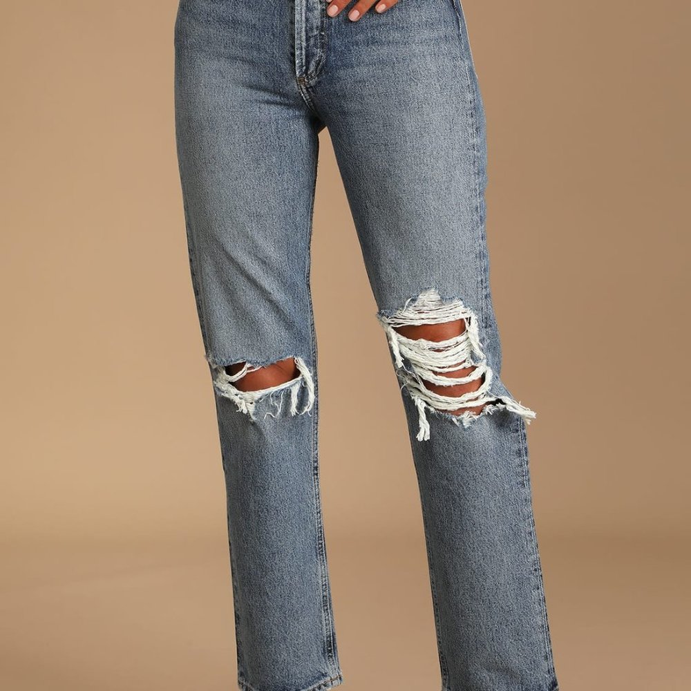 AGOLDE 90's Pinch Waist Medium Wash Distressed High Rise Straight Jeans